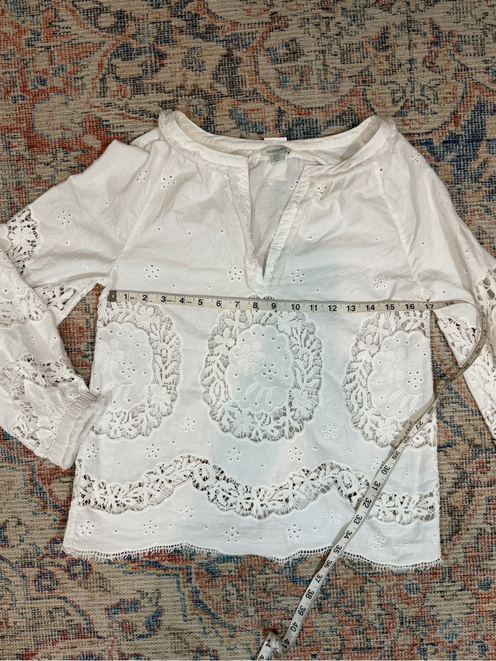 Sundance Petite XS White Cotton Eyelet Lace Blouse Boho Peasant Romantic Top - Picture 9 of 12